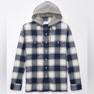 American Eagle Outfitters Blue and White Plaid Hooded Shirt